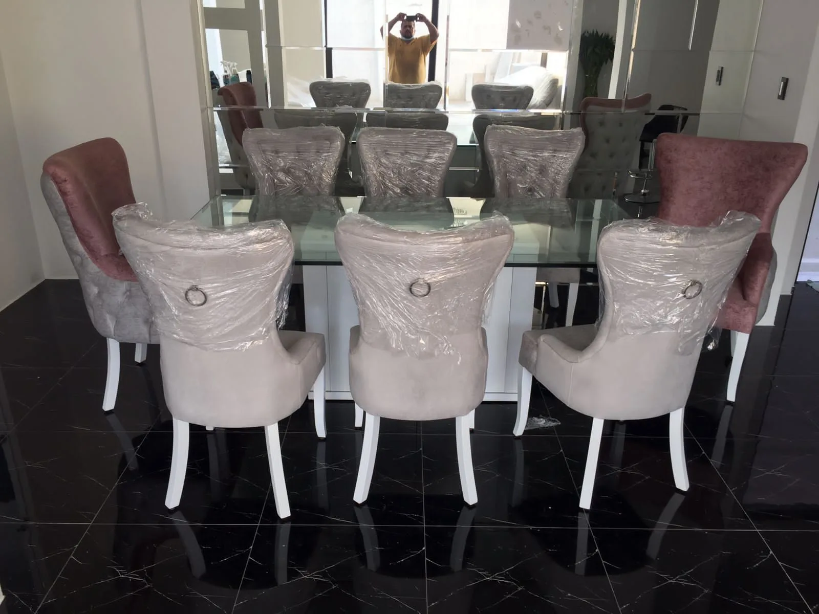 Comedor mesa vidrio base espejada