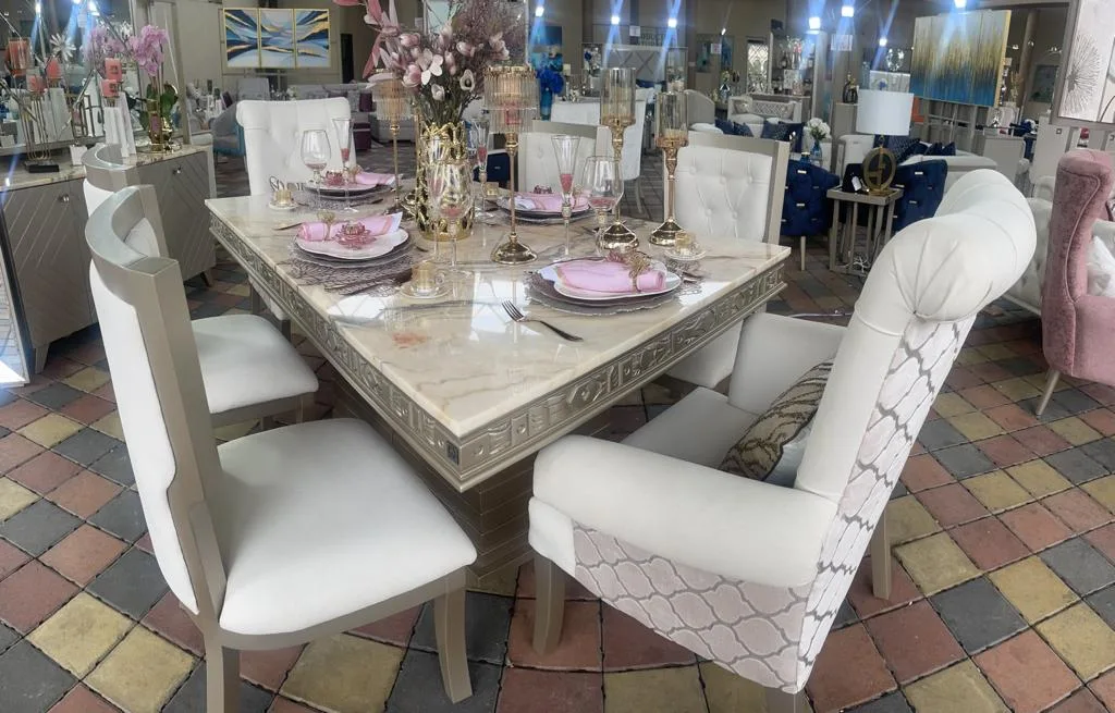 Juego de comedor 6 puestos, efecto mármol