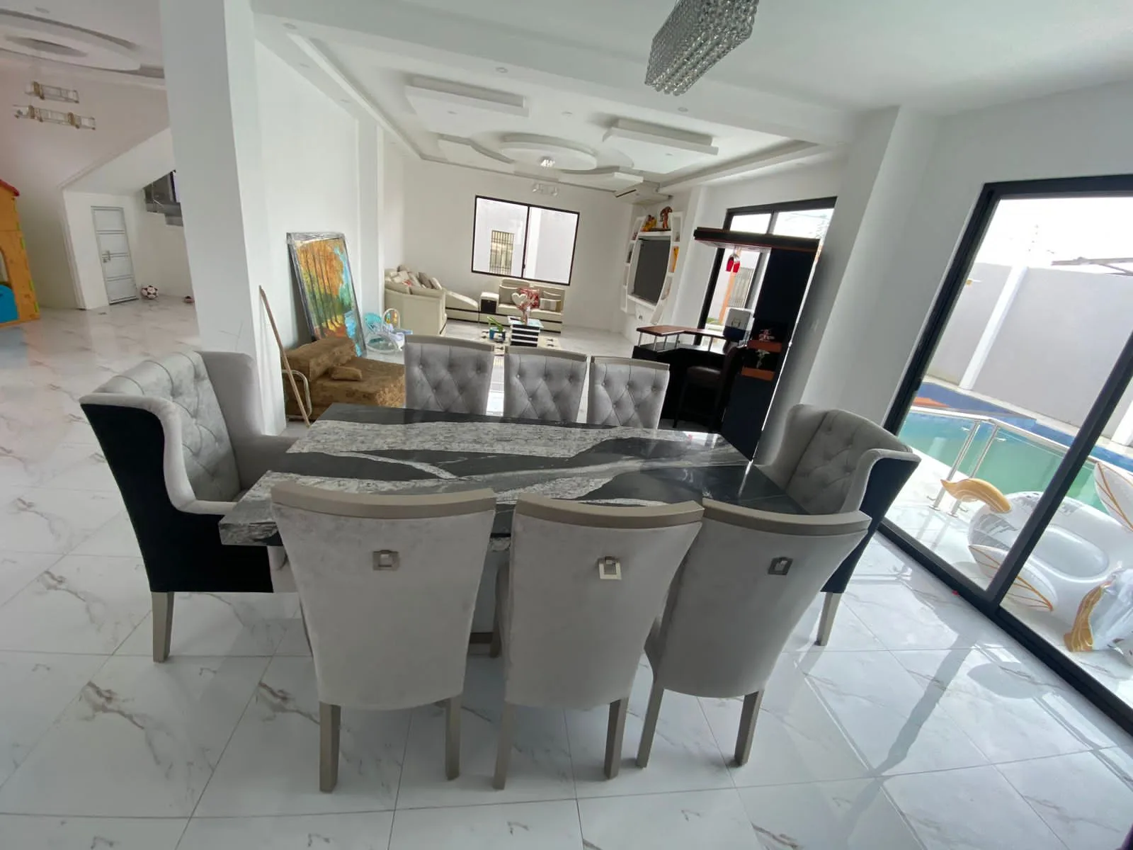 Juego de comedor 6 puestos, efecto mármol