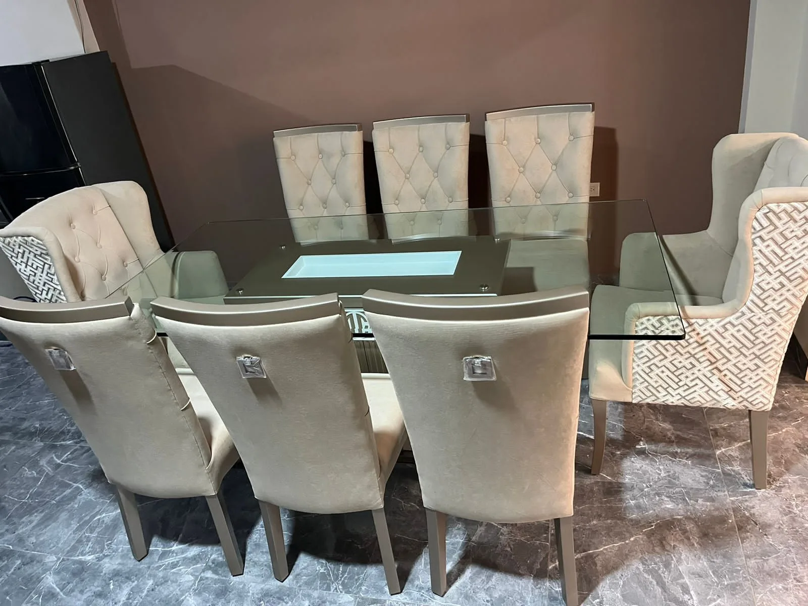 Juego de comedor 8 puestos, vidrio templado