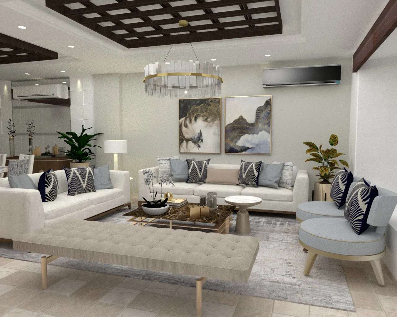 Sala a medida — render de diseño (blanco y azul)